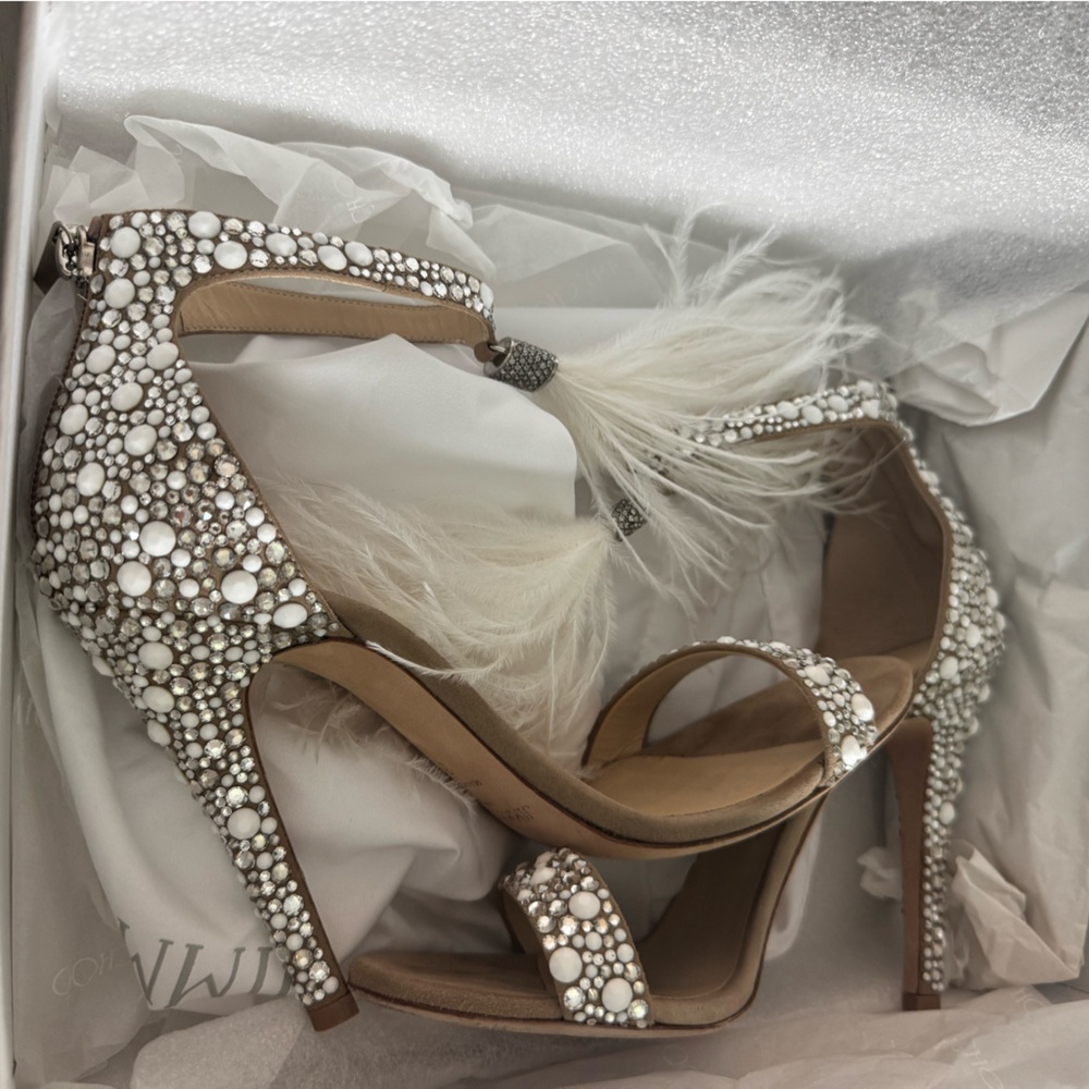 Jimmy Choo Viola 110 Crystal Ostrich Feather Tassel Wedding Sandals EU 37.5